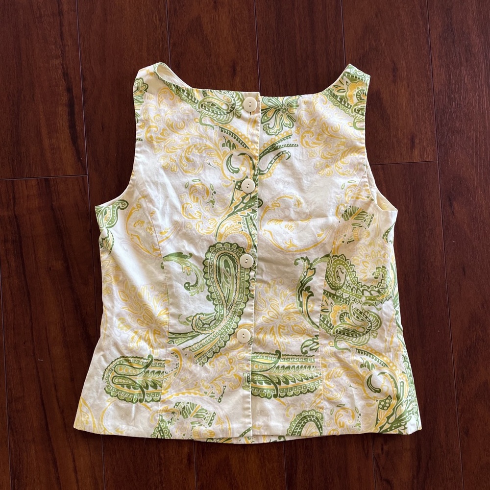 Jones New York Paisley Print boat neck green and butter yellow tank top